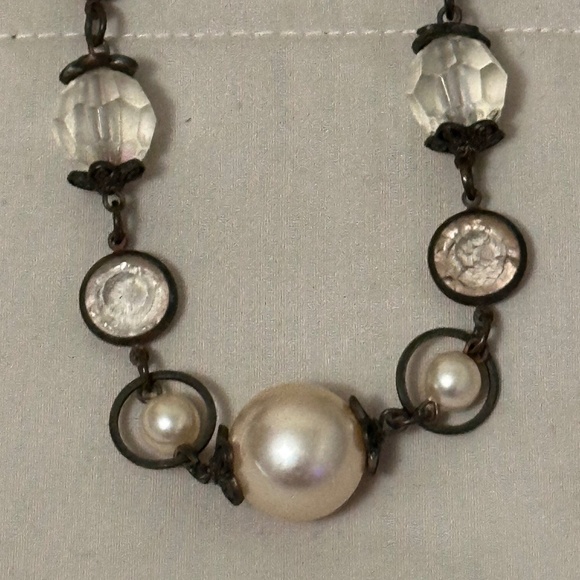 Faux Pearl & Clear Bead Several Sizes Necklace w/Dark Brown Chain Vintage - Picture 2 of 9